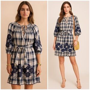 INNIKA CHOO Gingham Check Plaid Embroidered Floral Belted Dress In Blue OS